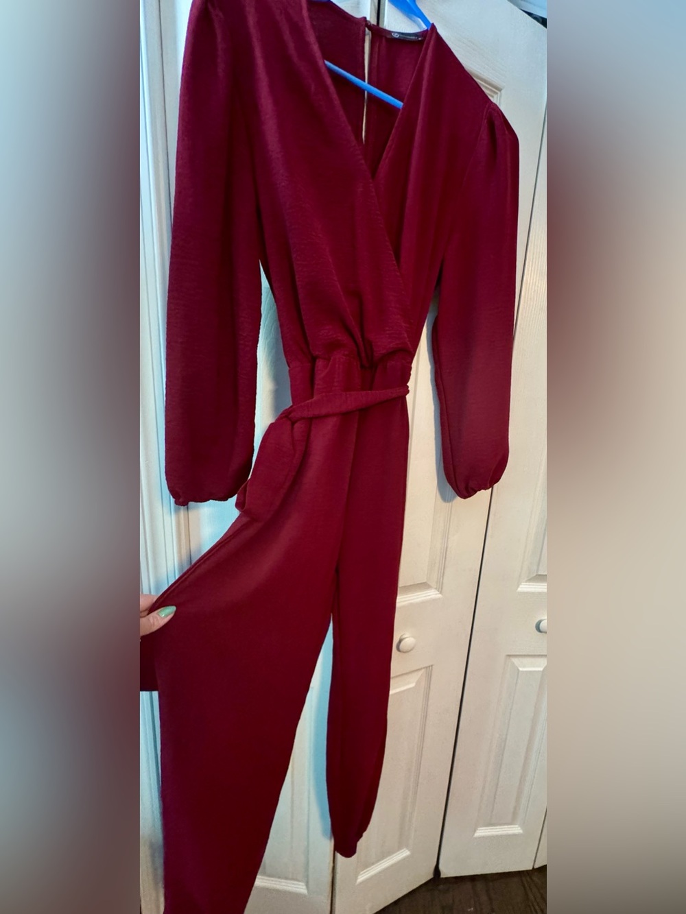 Women's Burgundy Long-Sleeve Jumpsuit with Tie Waist